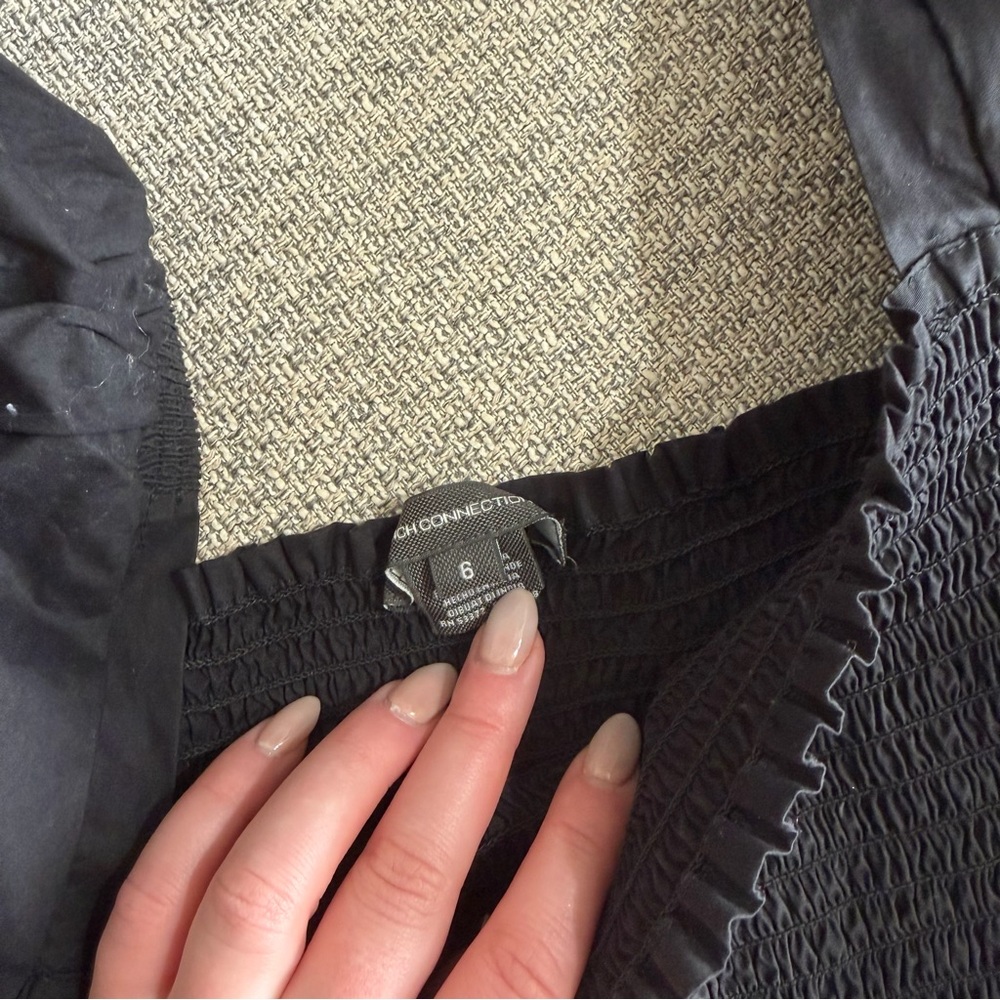 French Connection Black Smocked Puff-Sleeve Dress- 100% Cotton - Picture 5 of 10